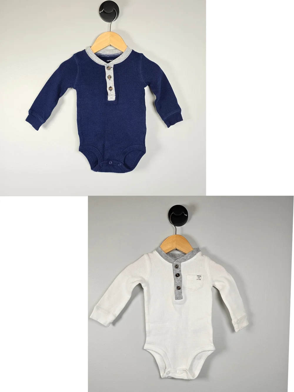 Carter's Long-Sleeve Waffle Knit Henley One-Piece Bodysuit - Navy & White Bundle